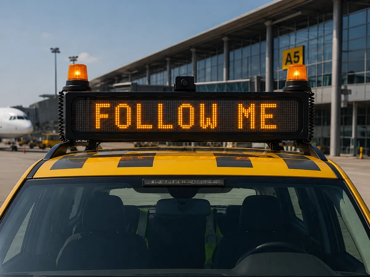 Programmable LED Follow Me guidance board on an airside marshalling vehicle