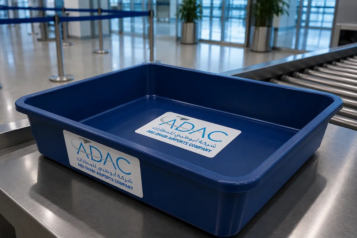 ADAC-branded airport security screening tray on a checkpoint conveyor — photo 1